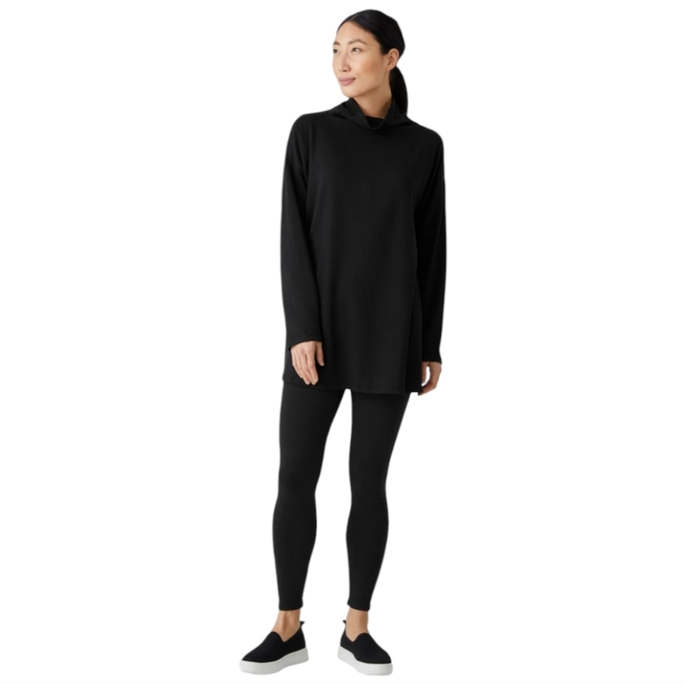 Eileen Fisher Black Funnel Neck Tunic Top | Size SP | Minimalist Fall Staple